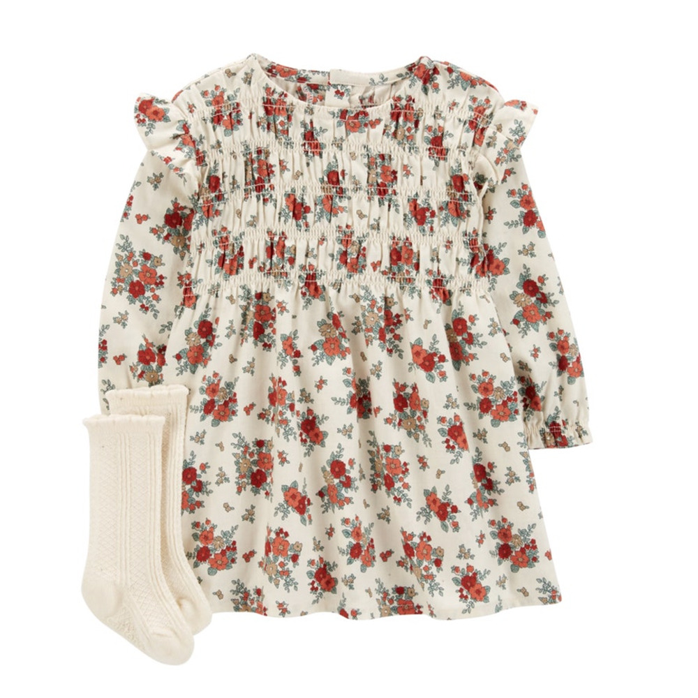 Carter’s Floral Dress Set 24M Baby Girl  Long Sleeve Dress, Bloomers & Socks NWT - Picture 2 of 7